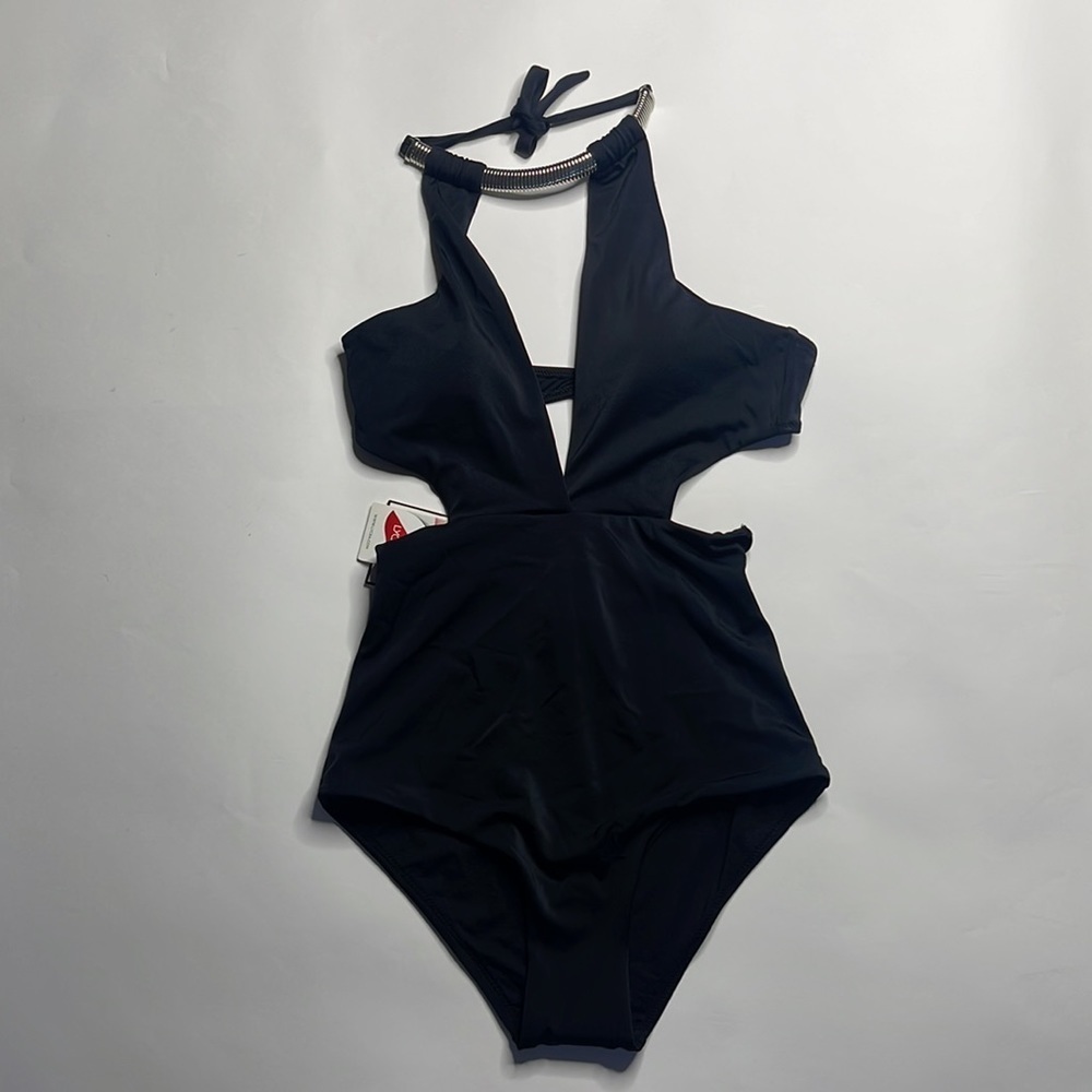 MOEVA Johanna Omega Chain Necklace Detailed Swimsuit in Black Sz. M - Picture 3 of 11